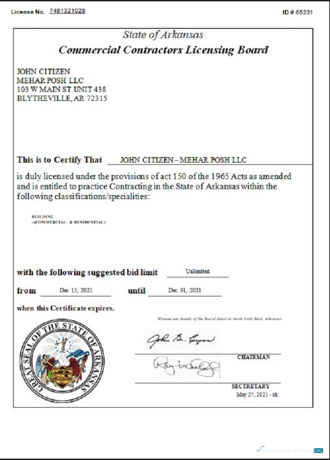 Download USA Arkansas Commercial Contractors License Photoshop template